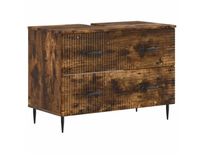 PUGYNBK Haarlem Badezimmerschrank-Set, 2-teilig, Eiche rauchfarben Aus technischem Holz, feuchtigkeitsbeständig, wendbare Tür um 90 °, offenes Regal, modernes lineares Design