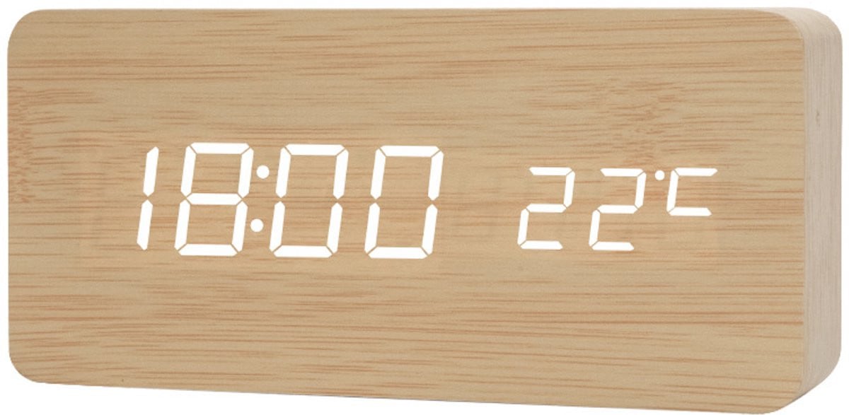 Houten Digitale Wekker - Multifunctionele Slimme Led-Wekker met Temperatuurweergave en USB-aansluiting - Geel