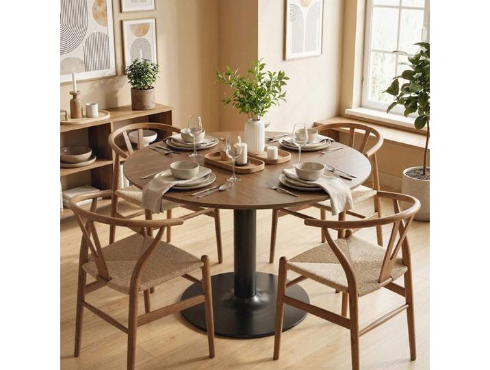 CollaHausse Table Ronde 6 Places Style Moderne Ø110 cm Marron Veiné