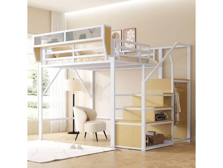 Lit mi-haut 255x145x191 cm Blanc Metal avec echelle et etagere reglable