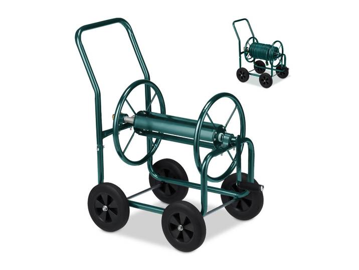 Relaxdays Schlauchwagen Grün Metall 60 m, Dunkelgrün, Metall, Kunststoff, 48x82x80 cm, Gartenzubehör, Gartenpflege, Bewässerung