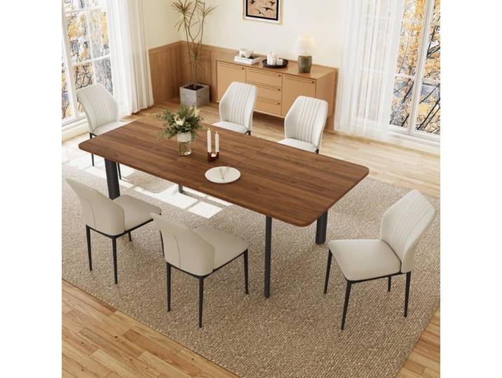 Stilvoller Moderner MDF-Platten Esstisch Mit Stühlen Set Für Das Wohnzimmer(160-200 cm Walnuss-Tisch + 6 weiße Stühle)