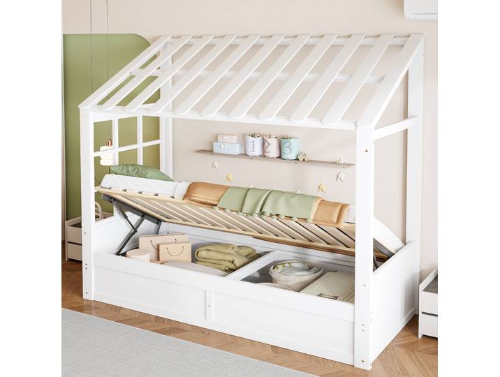 Lit Mezzanine Enfant 90x200 Cm En Bois Blanc\, Avec Rangement Pour Chambre Enfant Floragrace