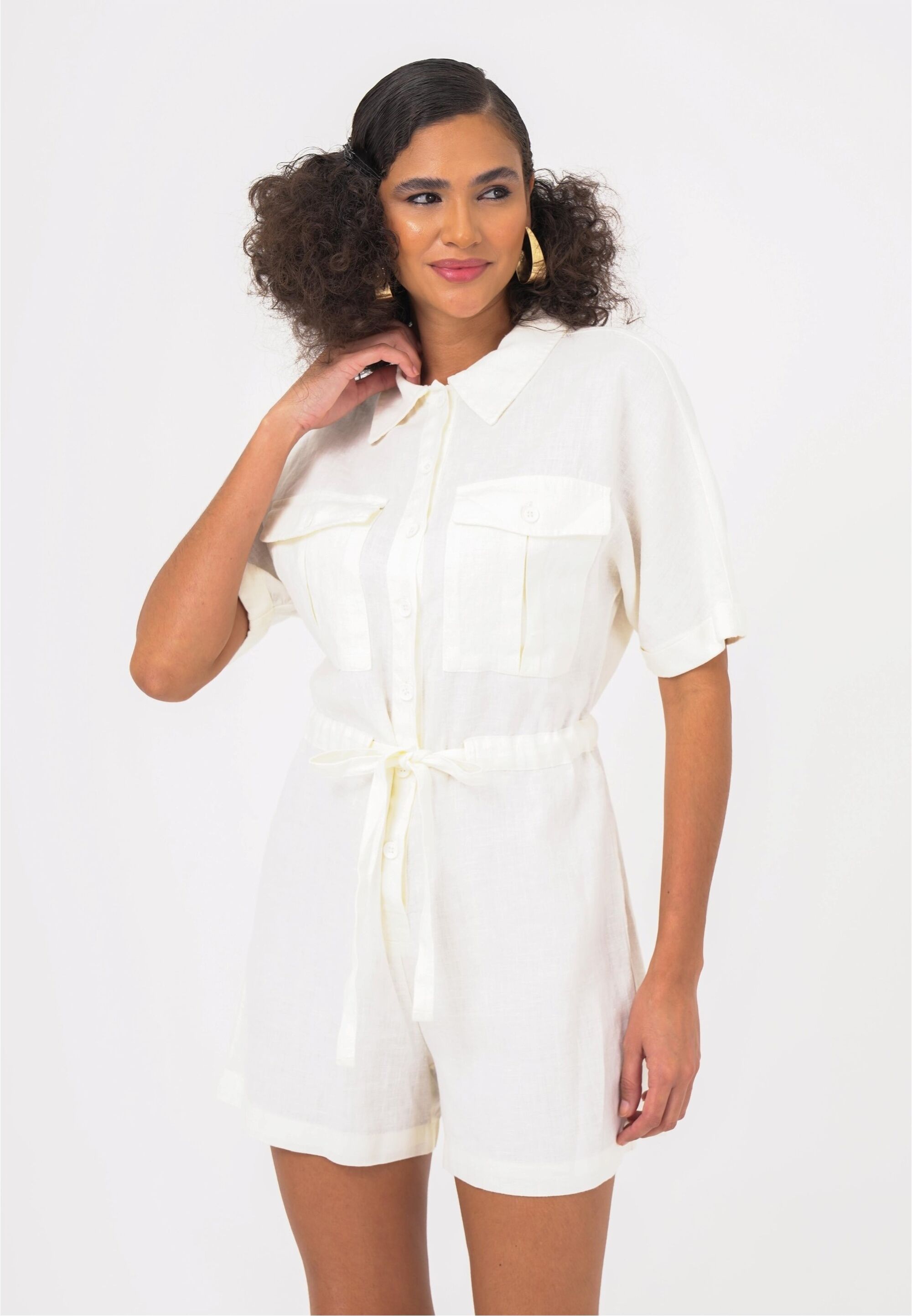 Jumpsuit FRESHLIONS "Livia", Damen, Gr. S, EURO-Größen, weiß, 100% Leinen, kurz, ohne Ausschnitt, Overalls Jumpsuit, mit atmungsaktiver Eigenschaft