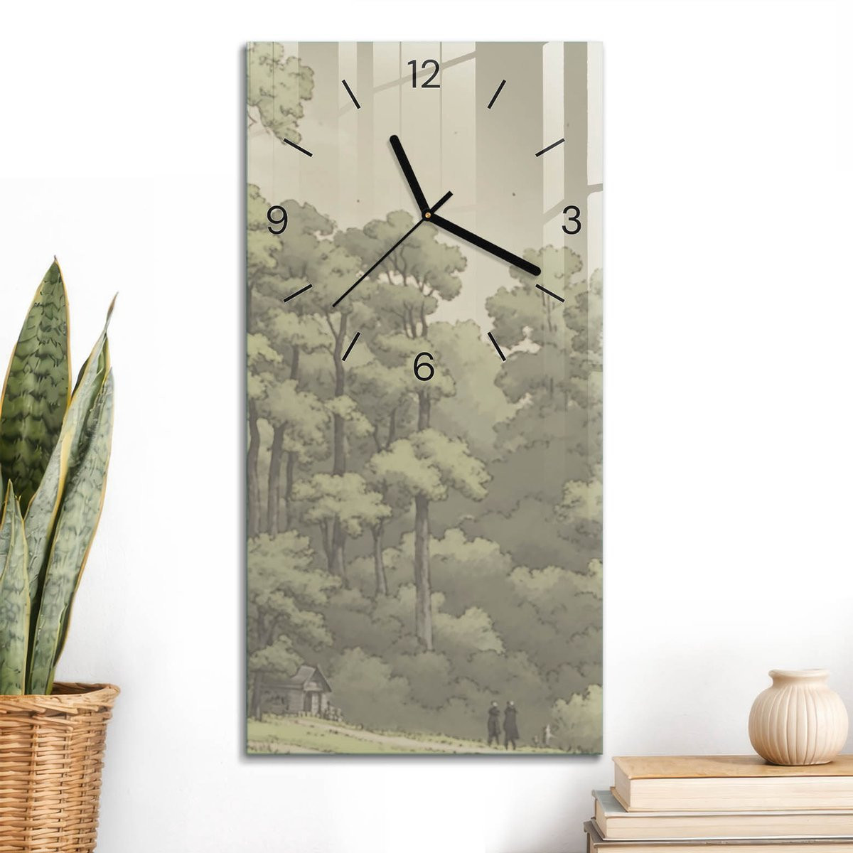 ArtPrintCave Groene Glazen Wandklok met Boslandschap - Rechthoekig - 30 x 60 cm