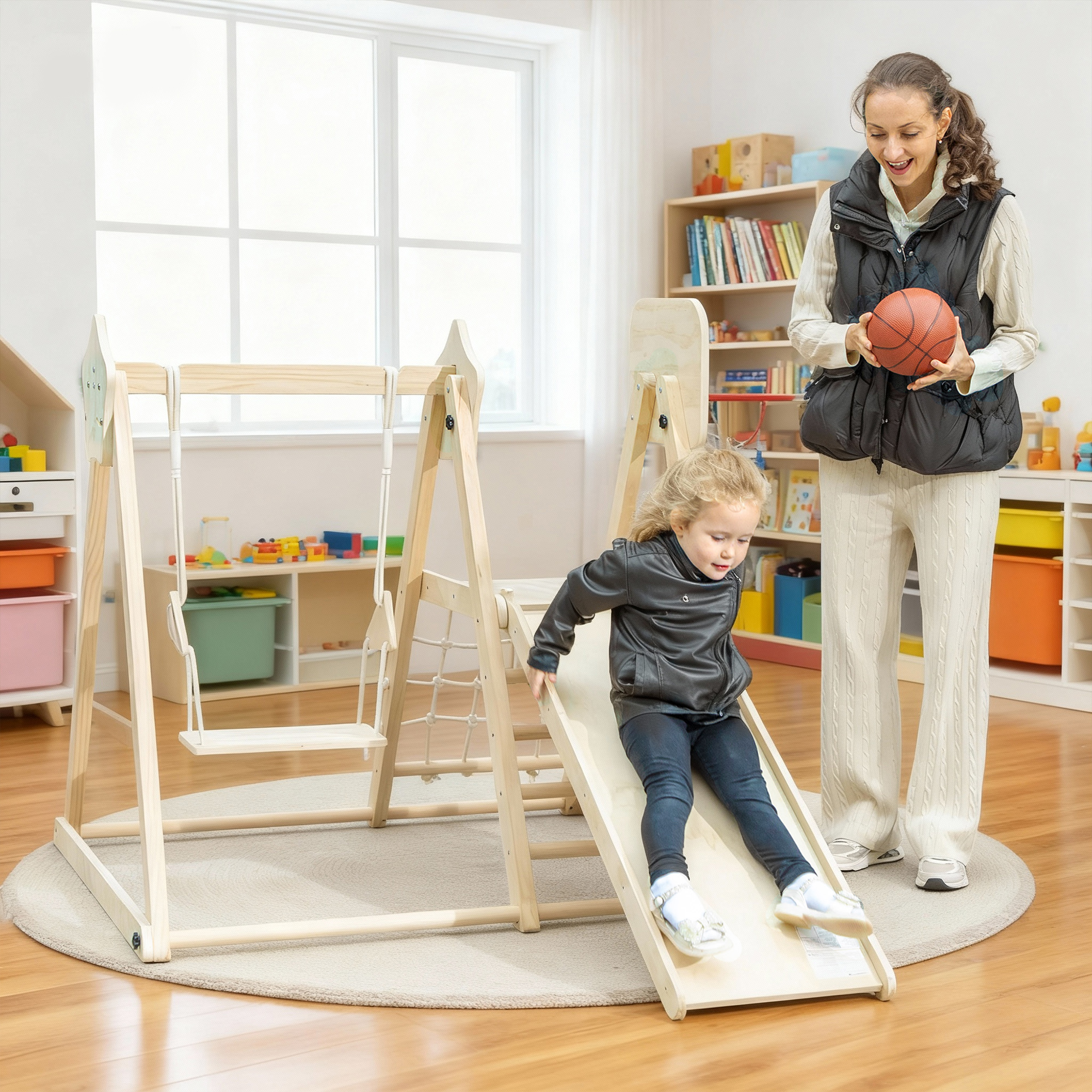 Aiyaplay Gioco Arrampicata 5 in 1 Pieghevole con Scivolo, 2 Pareti, Altalena e Canestro, in Legno, 140x172.5x116.5 cm   Aosom Italy