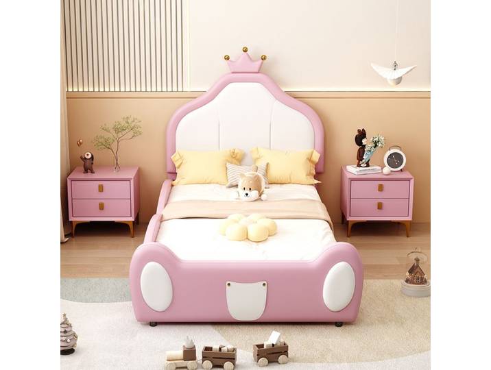 Lit d'enfant Lit 90x200 cm Lit simple avec corniche design patchwork bicolore simili cuir rose