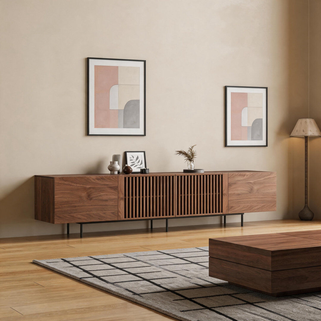 Ebern Designs Retro-style TV Unit with Cable Ports, 4 Storage Doors - Suitable for 85"+ TVs - Ideal for Living Rooms, Bedrooms & Apartments - Walnut Finish with Re Walnut 55cm H x 180cm W x 40cm D