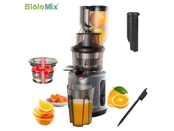 BioloMix-Extracteur de jus à mastication lente, presse à froid, Ju479, goulotte de rajeunissement de 78mm, moteur injuste, convient aux fruits entiers, 200W, 40-65 tr/min