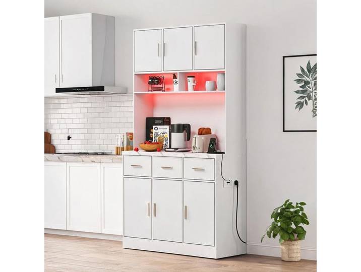 Buffet design blanc MDF 180 cm avec LED connectée 6 portes 3 tiroirs et prise USB