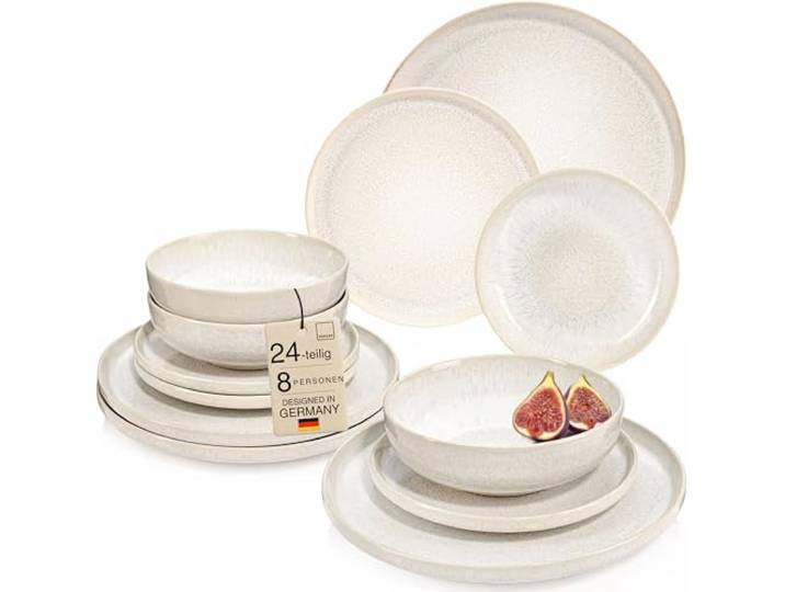 SÄNGER Korfu Geschirrset 8 Personen, Teller Set 24-tlg, Creme, Beige Handmade steingut geschirr set, Ess-, Dessert- & tiefe Teller, spülmaschinengeeignet, mikrowellenfest, service & geschirrset