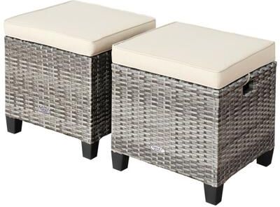 Costway 2 Pieces Patio Rattan Ottoman Seat with Removable Cushions-Beige