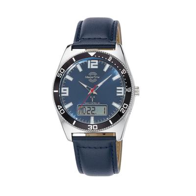 Funkchronograph MASTER TIME, blau, Armbanduhren, Herren, Quarzuhr, Armbanduhr, Herrenuhr, Lederarmband, analog, digital