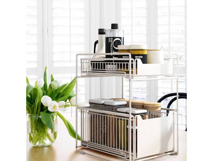 OHMG-Lot De 2 Étagère Coulissante Réglable À Double Niveau-Étagère De Rangement Pour Armoire-Résistant À Rouille-Blanc