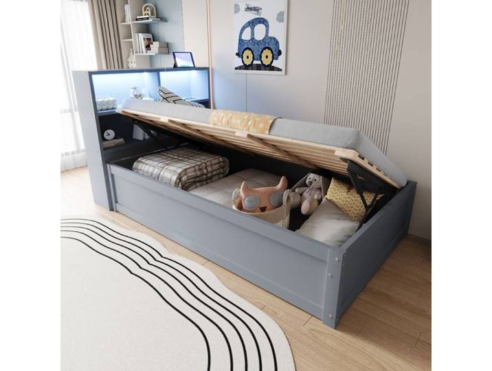 Lit en bois massif 90*200cm cadre de canapé-lit avec espace de rangement prise bande lumineuse lit simple multifonctionnel
