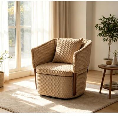 Accent Chair with Solid Wood Frame, Upholstered,360° Full Swivel Chairs with storage For Living Room Chairs with Waist Cushion