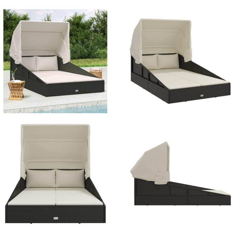 vidaXL Sonnenliege mit Faltdach Schwarz 200x114x128 cm Poly Rattan - Sonnenliege - Sonnenliegen - Sonnenbett - Tagesbett
