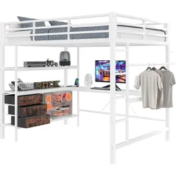 MODFU Hochbett 140x200 mit LED-Beleuchtung, Schreibtisch, Steckdose, USB-Anschluss, 3 Schubladen, Weiß – Praktisches Bett