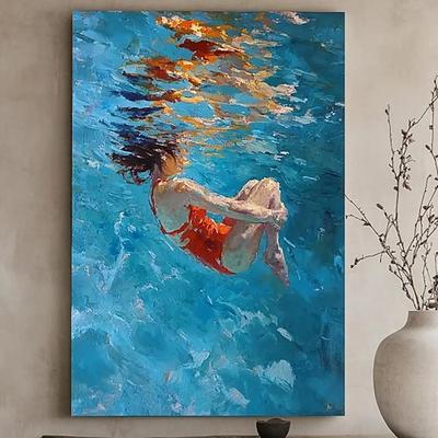 schwimmendes Mädchen, Tauchen, Ölgemälde, Wandkunst, Malerei, blau, Tauchen, abstrakte Kunst, Tauchen im Ozean, Frau, schwimmende Hand, Leinwand, abstrakte Kunst
