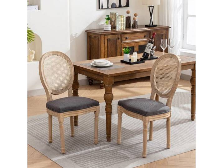 Lot de 2 Chaises Style Français – Gris – Dossier Rotin – Assise Lin – Bois Massif