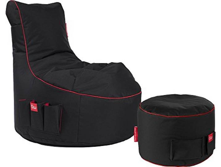 Gamewarez Crimson Thunder 2.0 Bundle – Set aus Gaming-Hocker und Gaming-Sitzsack, mit Seitentasche & Headset-Halter, Made in Germany, schwarz-rot