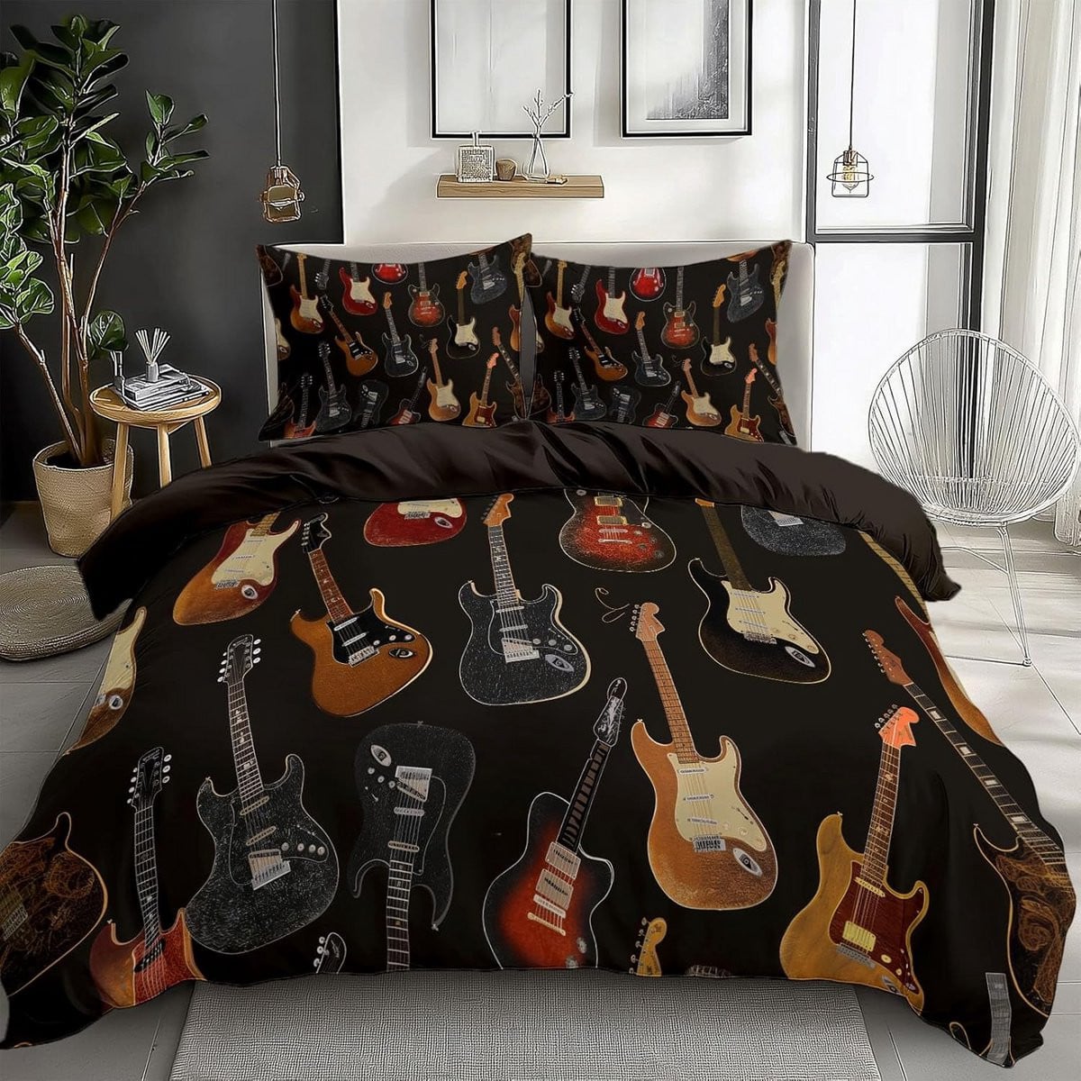 Dekbedovertrek Elektrische Gitaar 220 x 240 cm - Omkeerbaar Polyester Katoen Beddengoed Set met 2 Kussenslopen