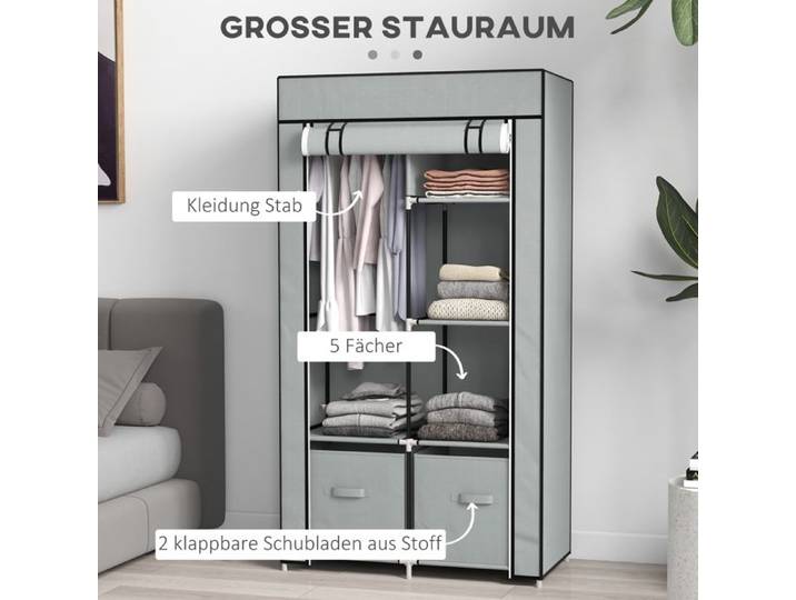 BEL Armoire en tissu gain de place 5 compartiments et tringle à vêtements fermeture éclair pliante gris clair