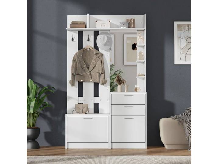 Vestiaire / meuble d'entrée - 110 x 34 x 185 cm - 2 tiroirs - 2 range-chaussures rabattables - Miroir