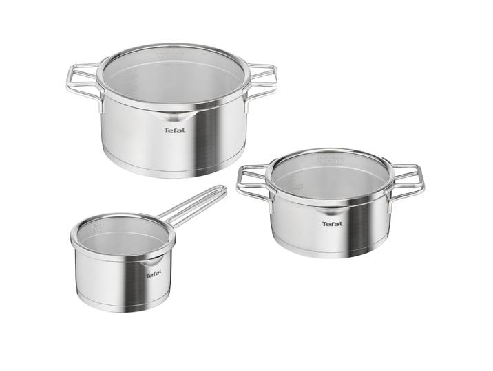Topf-Set TEFAL Nordica, clevere Siebdeckel, stapelbares Format , silber (edelstahlfarben), Töpfe, Topf-Set, Messskala, für alle Herdarten geeignet, spülmaschinengeeignet, H852S3