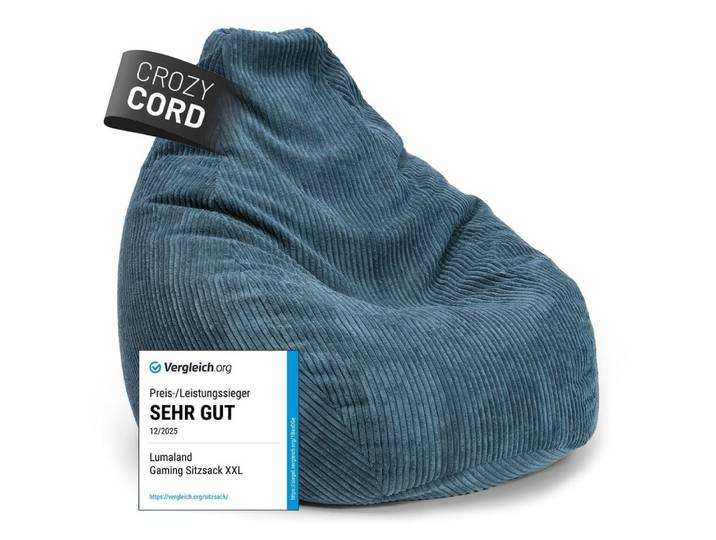 Lumaland Sitzsack GIANT Cord Sitzsack Stabile Lehne ideal fürs Gaming, verdeckter Reißverschluss, trendig & Gemütlichkeit vereint