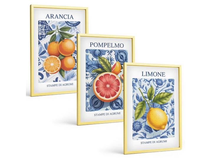 Tulup Bilder SET 3er Set - 40x60 cm Goldrahmen - Vintage-Illustrationen von Zitrusfrüchten, Goldfarben, Kunststoff, Rechteckig, 40x60 cm, gerahmt, Bilder & Rahmen, Bilder