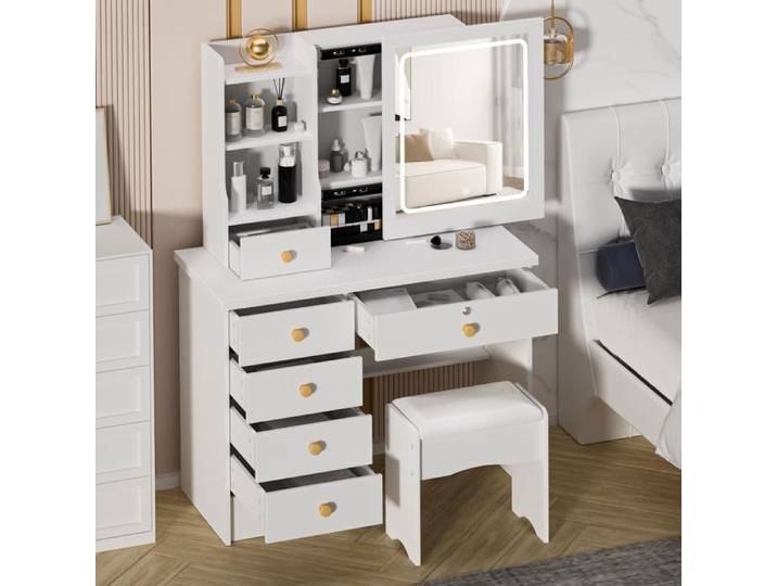 Coiffeuse avec Miroir LED Table de Maquillage avec 6 Tiroirs 6 étagères 80x36x132cm avec de tabourets