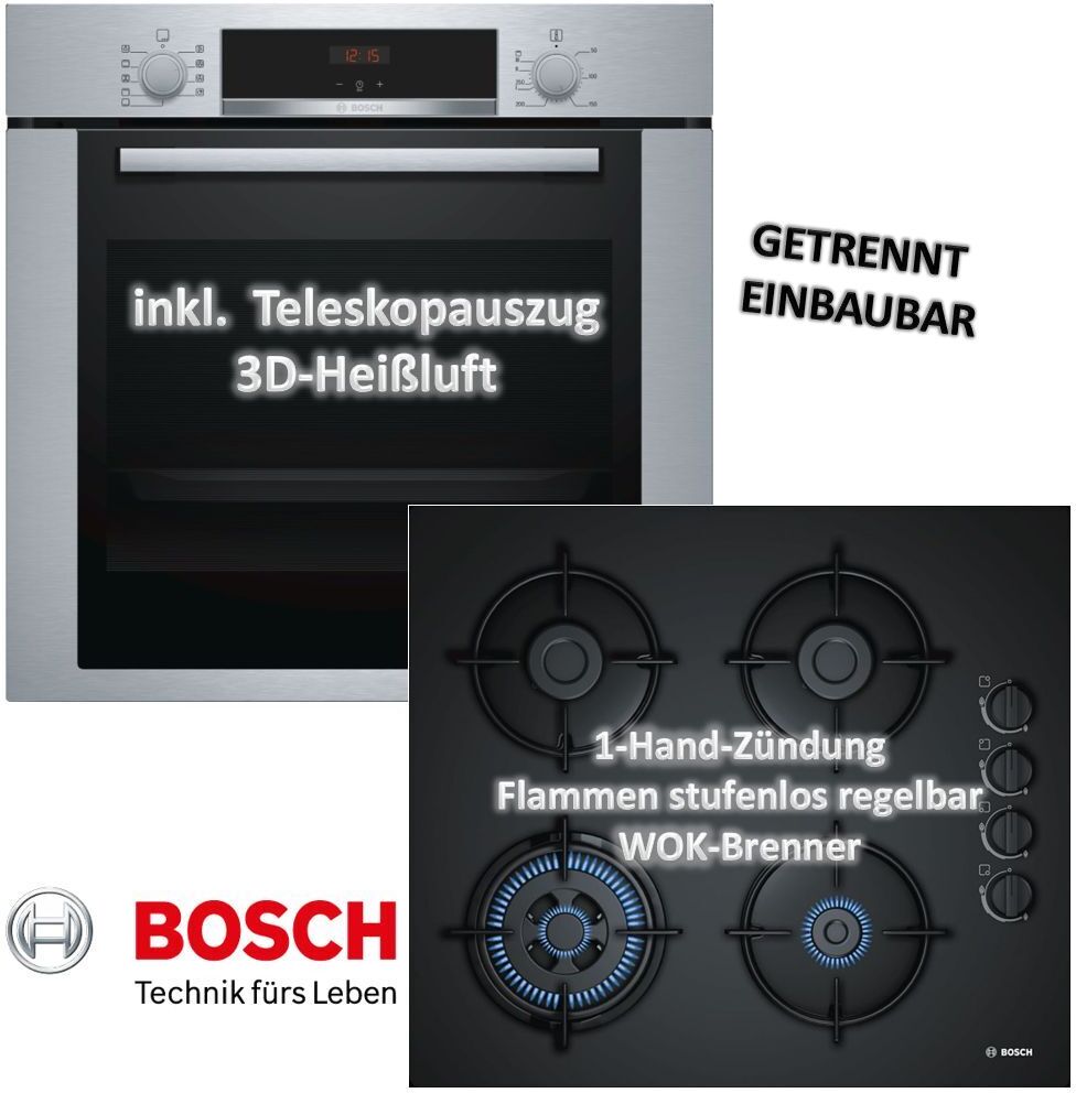 Bosch HERDSET Backofen HBA3140S0 mit Teleskopauszug 3D Heißluft + Gas-Kochfeld POH6B6B10 - autark, 60 cm