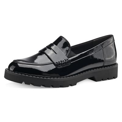 Slipper TAMARIS, Damen, Gr. 41, Synthetik Textil, schwarz (schwarz glänzend), Lacklederimitat, Antik-Look, glänzend, unifarben, Schuhe Slipper, Slipper, Halbschuh, Schlupfschuh in schmaler Form, Topseller