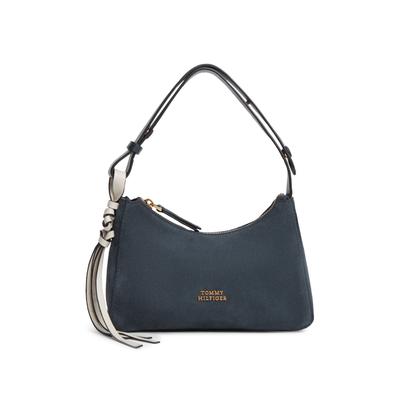 Schultertasche TOMMY HILFIGER "TH STATEMENT MINI SHOULD BAG SUE", Damen, Gr. B/H/T: 0cm x 0cm x 0cm, blau (dunkelblau), Leder, Taschen Schultertasche, Damen Handtasche, Tragetasche mit Logoschriftzug