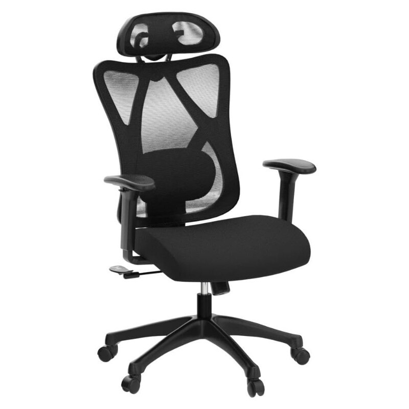 JOYFURNOS Ergonomische mesh-bureaustoel met verstelbaar lendenkussen en 360 graden draaibaar, inktzwart