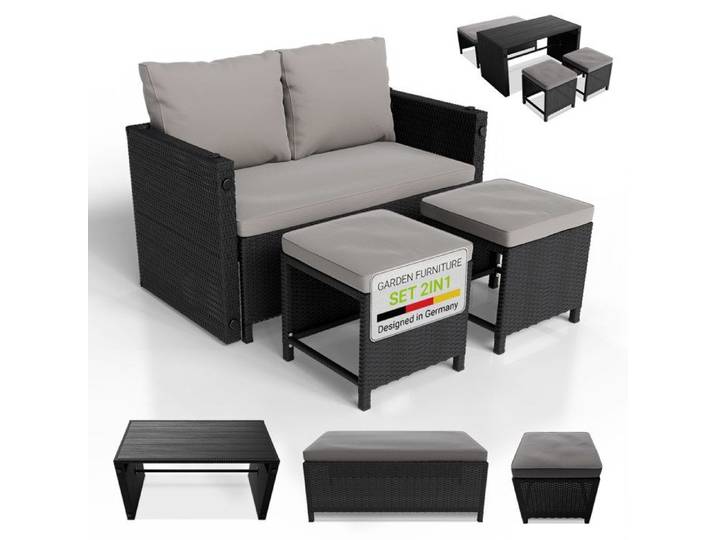 Ensemble mobilier de jardin en polyrotin - Juskys - Jamaika - Noir-gris - Table banc et 2 tabourets