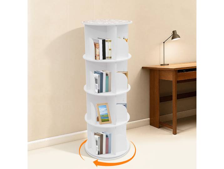 4 couches 360 ° Étagère rotative blanche en PVC et bois plastique, bibliothèque sur pied pour salon, chambre, bureau