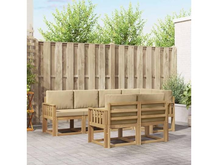 RJPLMFV Modulares Sofa für den Außenbereich, 7-teilig, Akazie, Weiß / Beige Massives Akazienholz, Rückenlehne mit Latten, ergonomische Armlehnen, einfache Montage, einfache Wartung