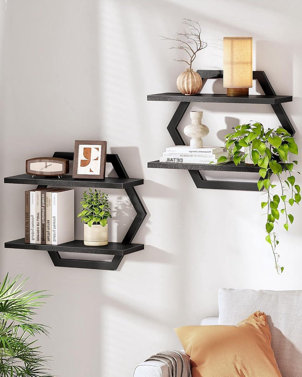 Set van 2 Zeshoekige Zwevende Wandplanken - Zwart Wandrek voor Decoratie en Opslag