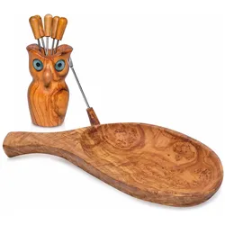 Natura Punto, Serviergeschirr, Tapas-Set Eule: Schale 26 cm + Eule mit Snack- & Olivengabeln 8-teilig