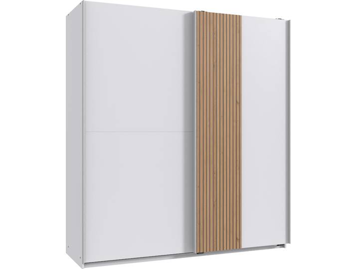 Schwebetürenschrank WIMEX Lüneburg , weiss (weiß, absetzung akustiklamellen nachbildung artisan eiche nachbildung), B:180cm H:198cm T:65cm, Holzwerkstoff, Schränke, Schwebetürenschrank, mit Akustiklamellen Optik, 180cm breit