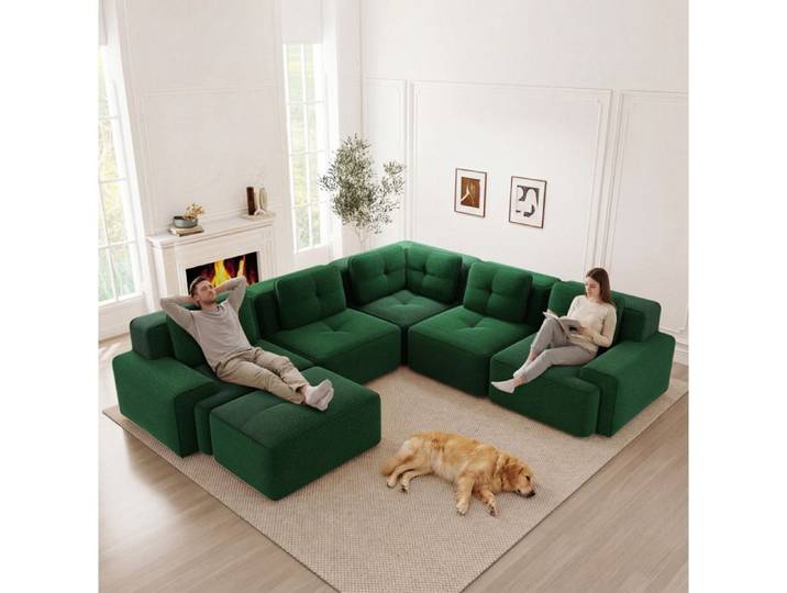 Canape D Angle 5 Places En Tissu Cotele Vert Sofa Modulable FloraGrace Pour Salon Ou Bureau Sans Montage 295x295x69cm