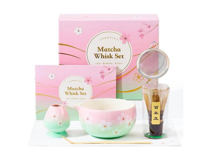 Matcha Set 6-teiliges Set Keramikschale Bambusbesen Sieb Löffel Geschenk Sakura, Mehrfarbig, 15x10x15 cm, Geschirr, Kannen & Karaffen, Kaffeezubehör & Teezubehör