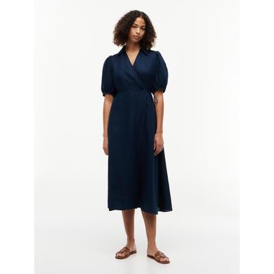Wickelkleid TOMMY HILFIGER "SUMR LINEN WRAP LNG MIDI DRS", Damen, Gr. 42, N-Gr, Kurzarm, Web, blau (schwarz night navy), Web, Obermaterial: 100% Leinen, unifarben, wadenlang, V-Ausschnitt, elastischer Bund, Kleider Wickelkleid, Leinen, Bindeband