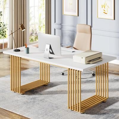 Bluebell 70.9 Inches White/ Gold Modern Executive Desk, Home Office Desk with Gold Metal Legs