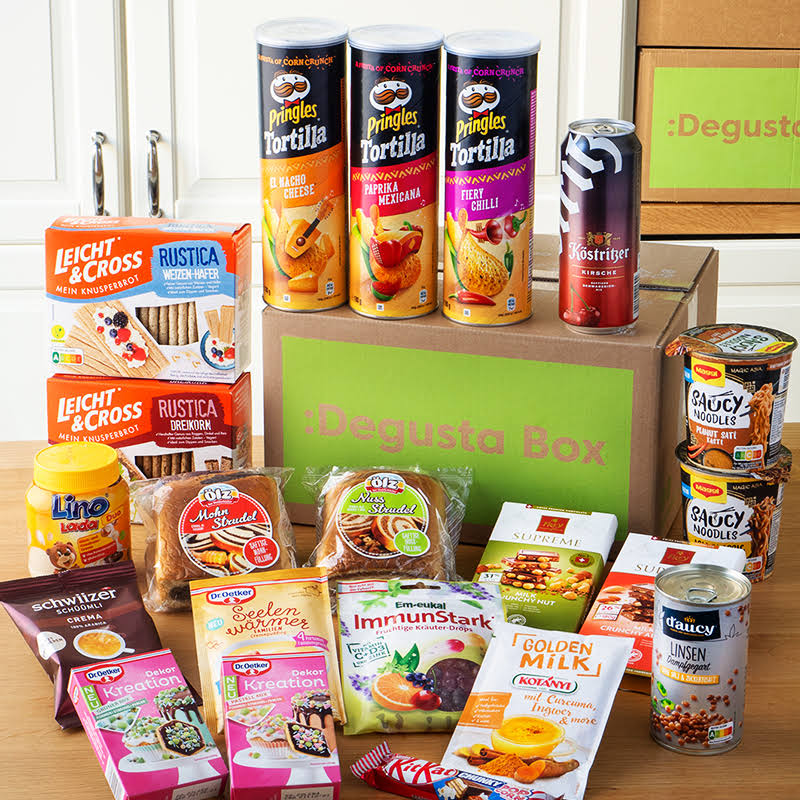 Degustabox Degusta Box: Geschmacksabenteuer im Abo. Jeden Monat erhältst du bis zu 15 Überraschungs-Lebensmittel und Getränkeprodukte im Wert von über €24