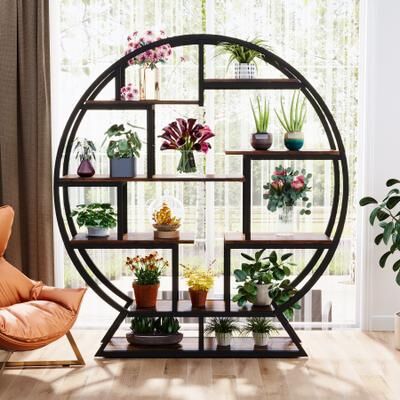 Rose "Industrial Round Bookshelf with 14 Shelving Units, Indoor Plant Stand - 11.81""D x 59.05""W x 62.59""H"