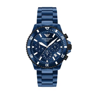 Chronograph EMPORIO ARMANI "WORLD EXPLORER", blau (blau, blau, blau), Armbanduhren, Herren, Chronograph, Armbanduhr, Solar, Keramik, analog, Tag, Stoppfunktion