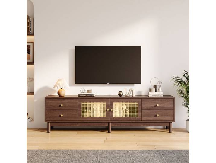 Meuble TV Bois Brun Vintage- 4 Tiroirs 2 Portes Rotin Compatible TV 80  Style Naturel 180x35x44cm